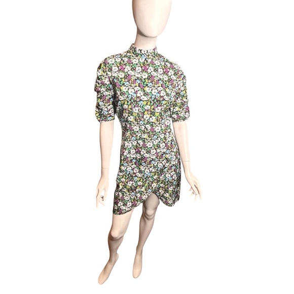 Nasty Gal Size 4 Bloom To Grow Floral Mini Dress Ruched Sleeves Wrap Skirt Green - Picture 6 of 16